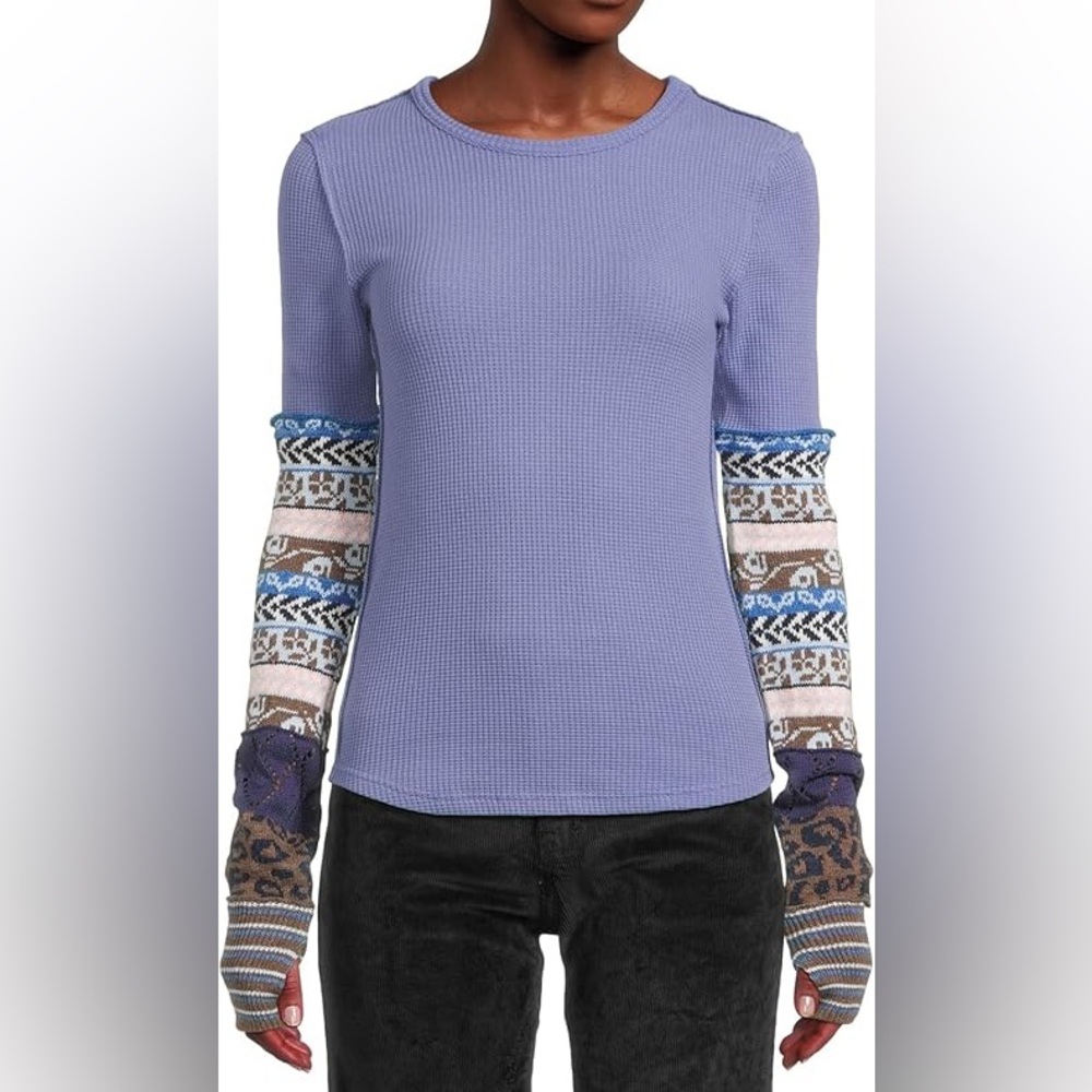 Free People Blue Waffle Knit Long Sleeve Top with Patterned Sleeves - Picture 2 of 8